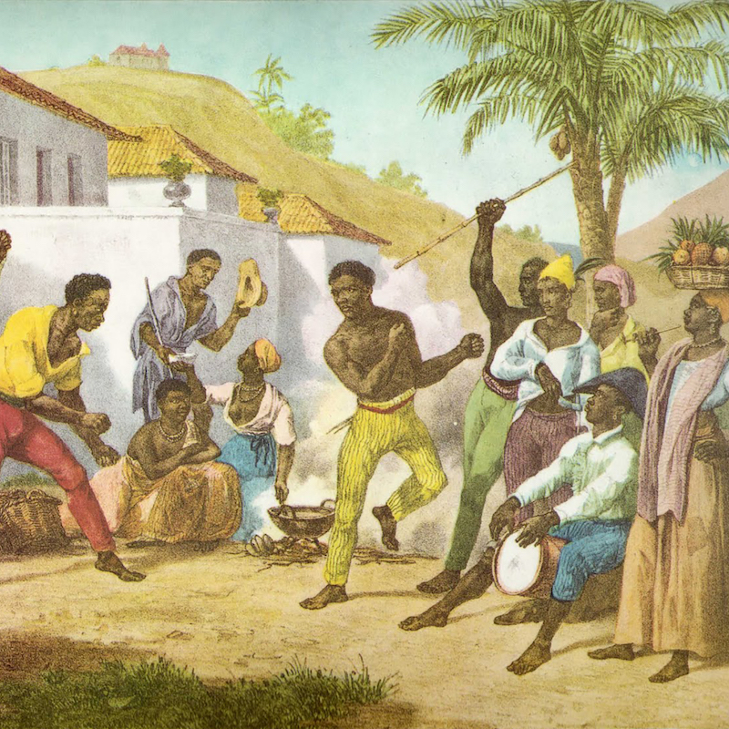 A painting of a dozen Black enslaved persons in colorful clothing dancing, making music, and cooking in front of a Spanish-style building and palm trees.