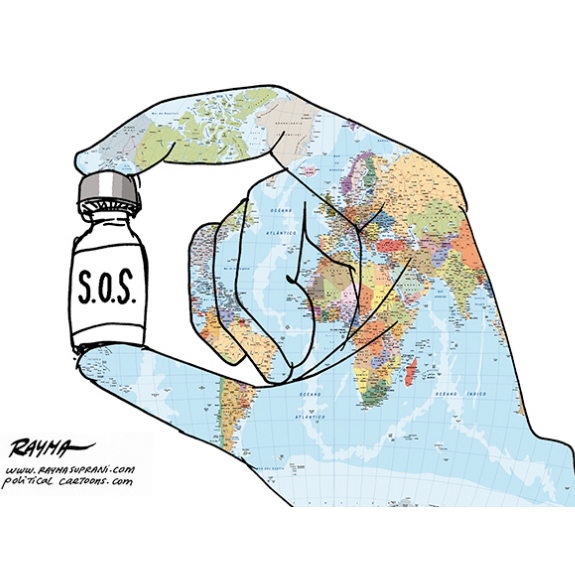 Political cartoon showing a map of the world overlaid on the outline of hand holding a bottle of medicine with the label SOS on it.