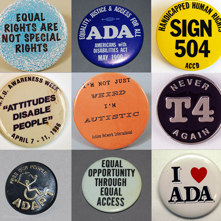 A collection of images of pins celebrating and supporting people with disabilities. Pins say 